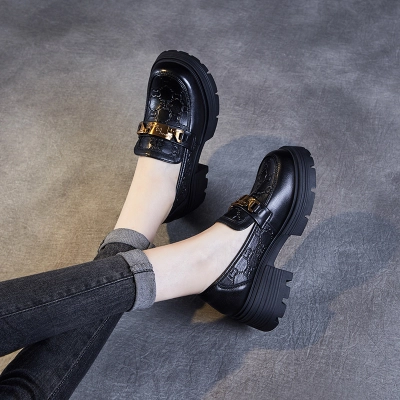 Black Embossed Thick - soled British Style Loafers for Women 02