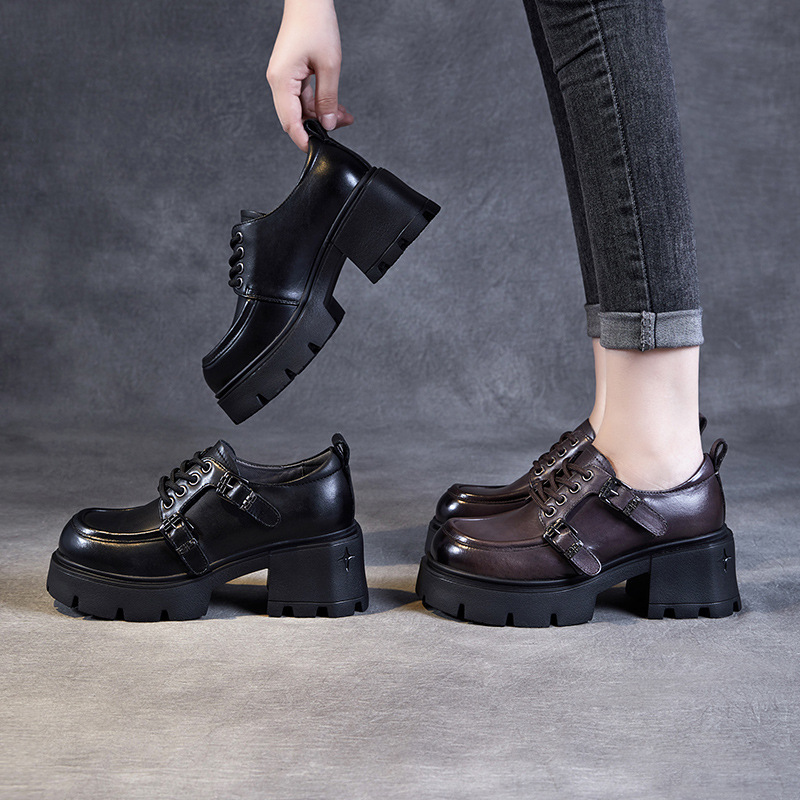 Genuine Leather Lace - up Thick - soled and Thick - heeled JK Loafers