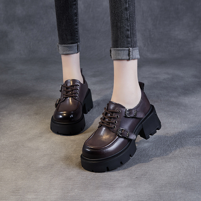 Genuine Leather Lace - up Thick - soled and Thick - heeled JK Loafers