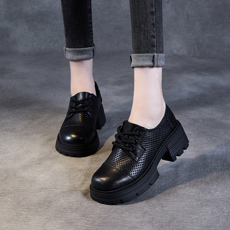 Lace - Up Sponge Thick - Soled Breathable Perforated Loafers