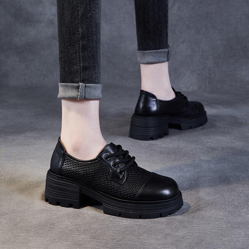 Lace - Up Sponge Thick - Soled Breathable Perforated Loafers