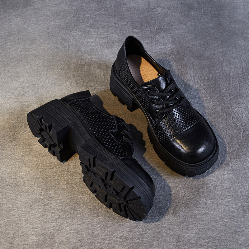 Lace - Up Sponge Thick - Soled Breathable Perforated Loafers