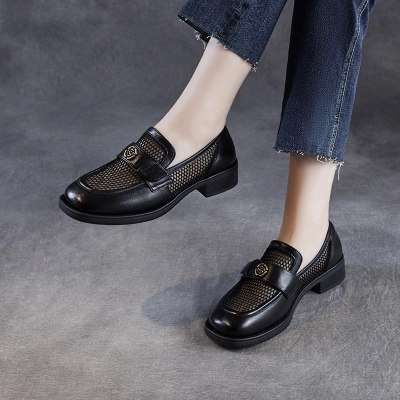 New Genuine Leather Mesh Breathable Camellia Loafers 02