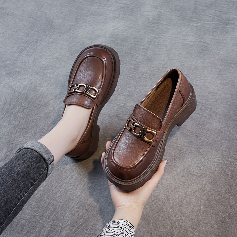 Cowhide Brown Round - Toed Women's Loafers