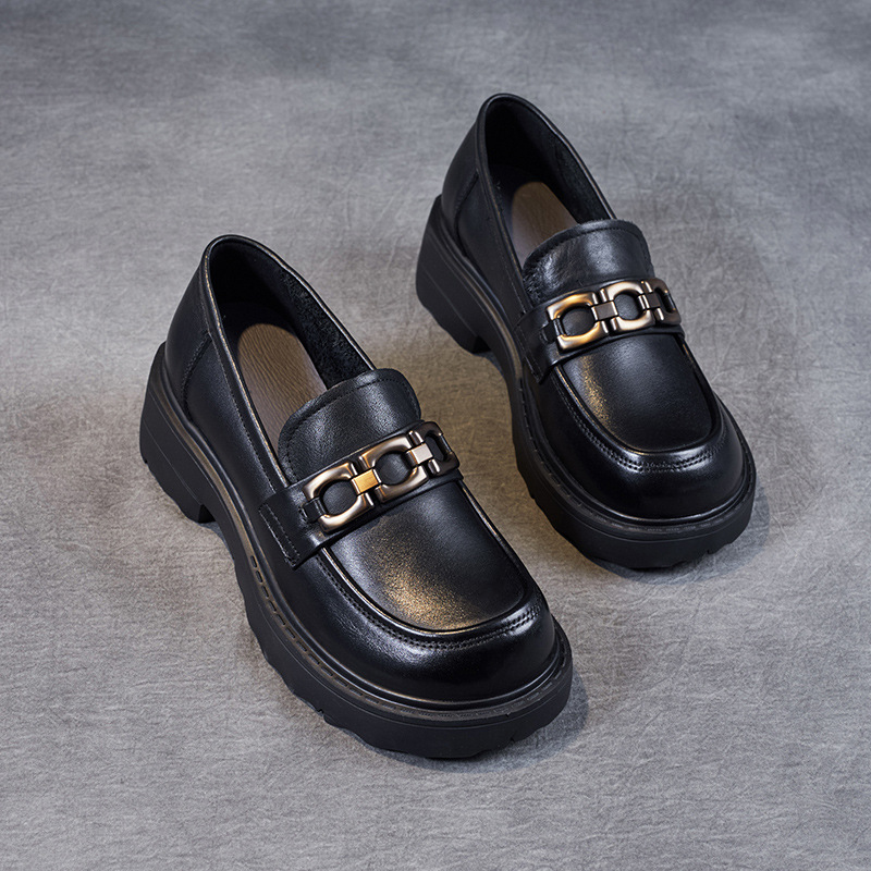 Cowhide Brown Round - Toed Women's Loafers