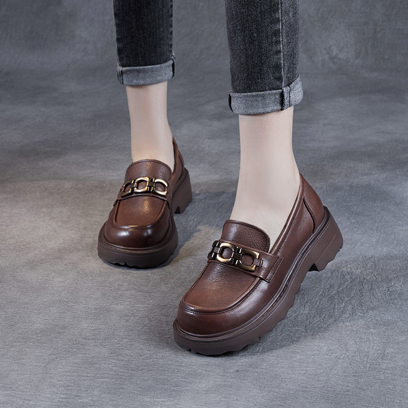 Cowhide Brown Round - Toed Women's Loafers