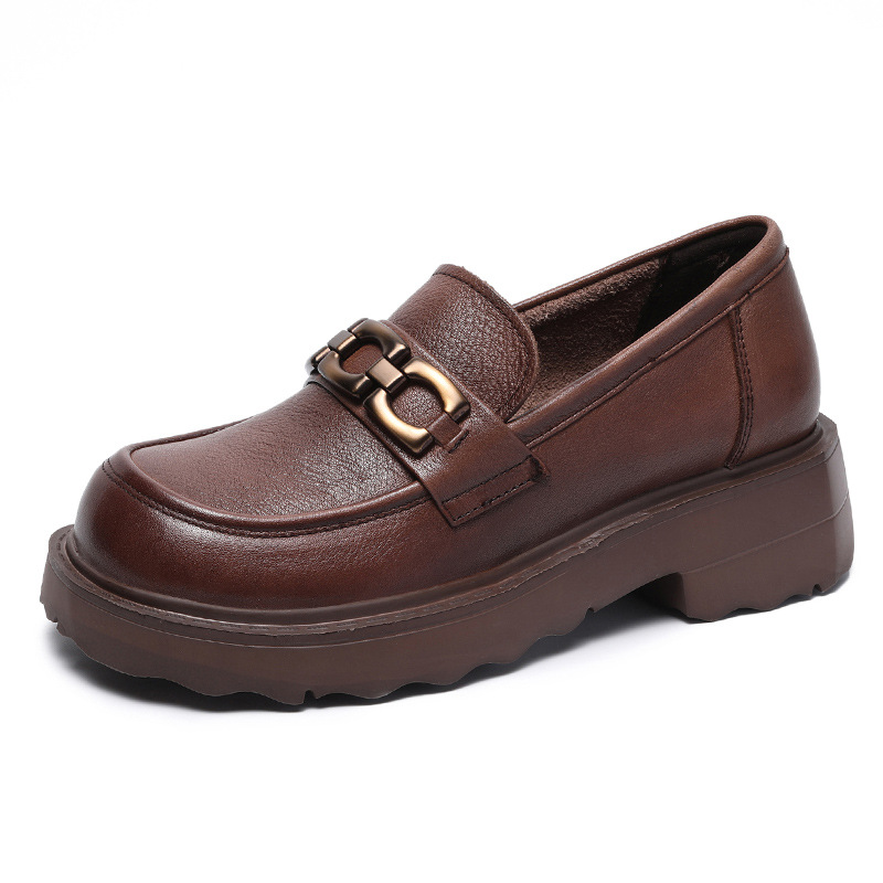 Cowhide Brown Round - Toed Women's Loafers
