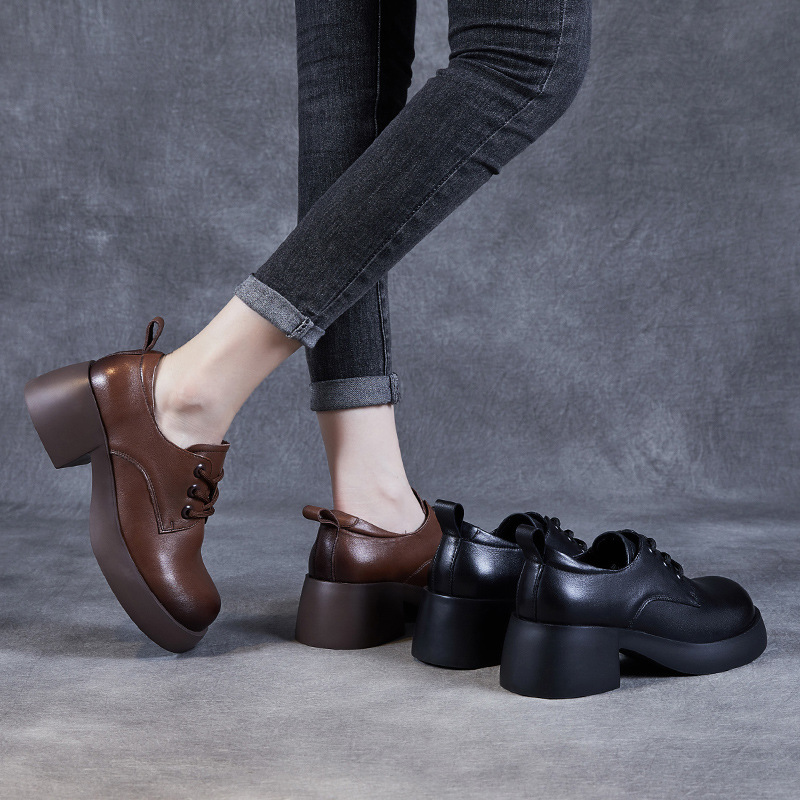 Cowhide Retro British - Style Thick - Heeled Women's Loafers