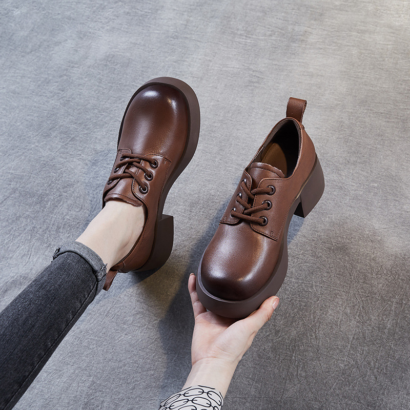 Cowhide Retro British - Style Thick - Heeled Women's Loafers