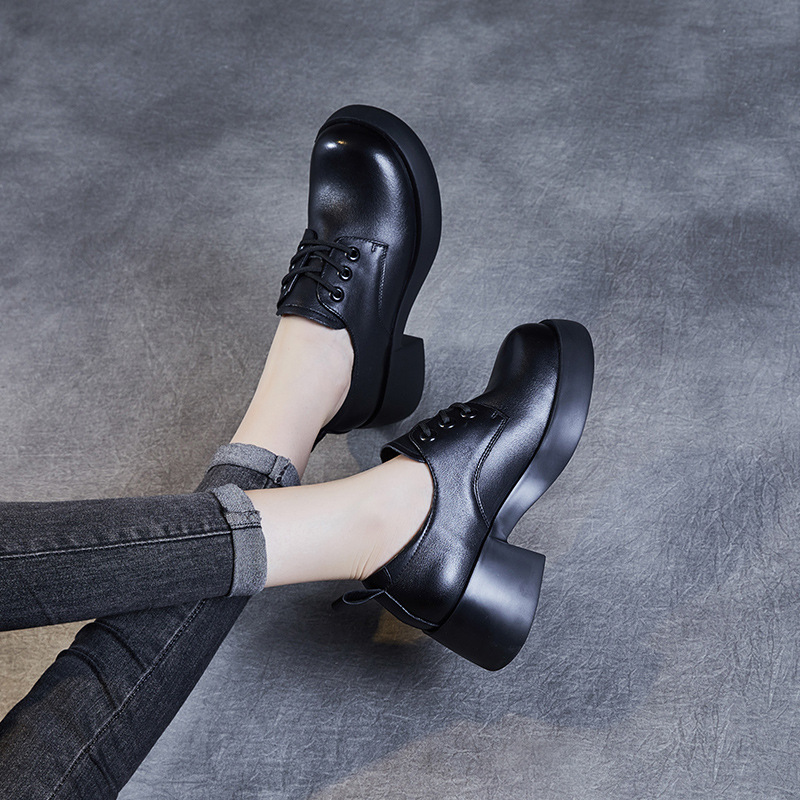 Cowhide Retro British - Style Thick - Heeled Women's Loafers