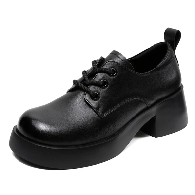 Cowhide Retro British - Style Thick - Heeled Women's Loafers 02