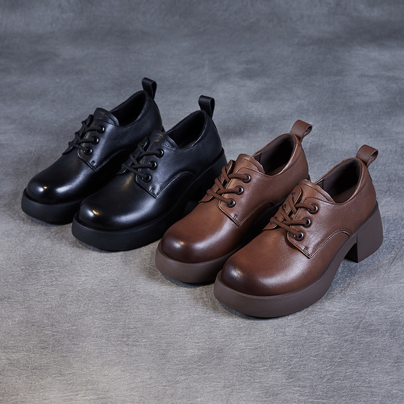 Cowhide Retro British - Style Thick - Heeled Women's Loafers