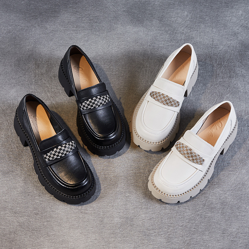 Genuine Leather British - Style Rhinestone Loafers