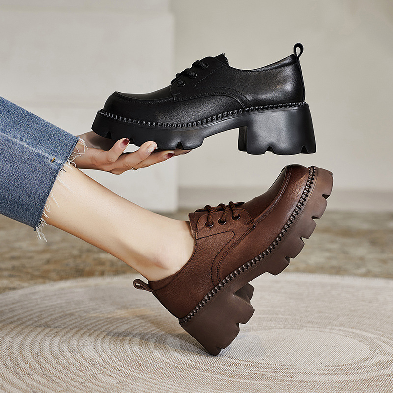 Genuine Leather Thick - Soled Lace - Up British Style Women's Loafers
