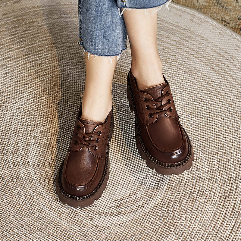 Genuine Leather Thick - Soled Lace - Up British Style Women's Loafers