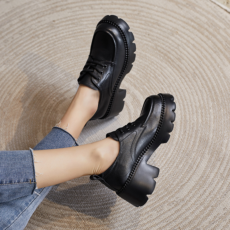 Genuine Leather Thick - Soled Lace - Up British Style Women's Loafers