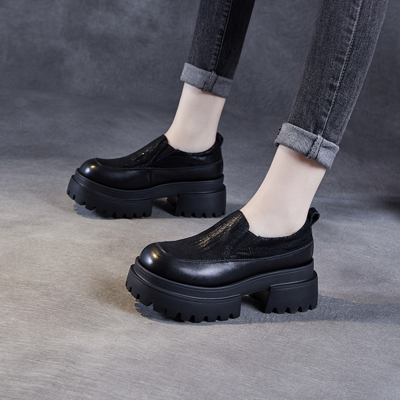 Genuine Leather Thick - Soled Round - Toed Loafers