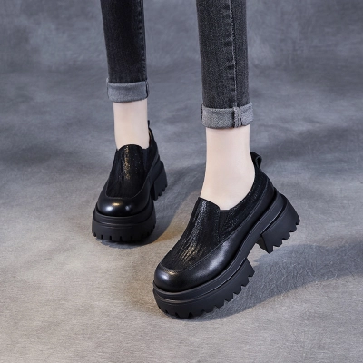 Genuine Leather Thick - Soled Round - Toed Loafers 02