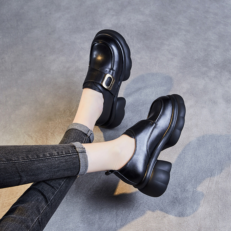 New Square - Button Velcro Genuine Leather Thick - Soled Loafers