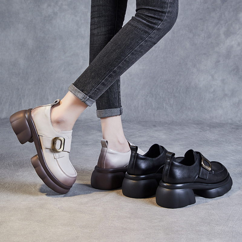 New Square - Button Velcro Genuine Leather Thick - Soled Loafers