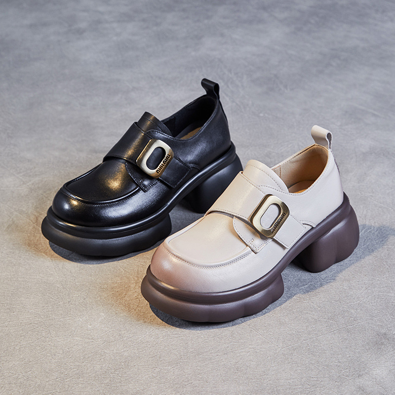 New Square - Button Velcro Genuine Leather Thick - Soled Loafers