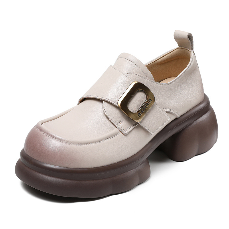 New Square - Button Velcro Genuine Leather Thick - Soled Loafers