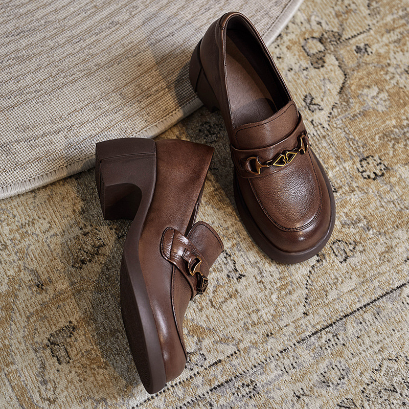 Vintage Women's Loafers with Thick Heels and Medium - High Heels