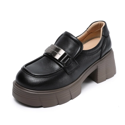 Wearing Genuine Leather Loafers With Thick Heels On One Foot 02