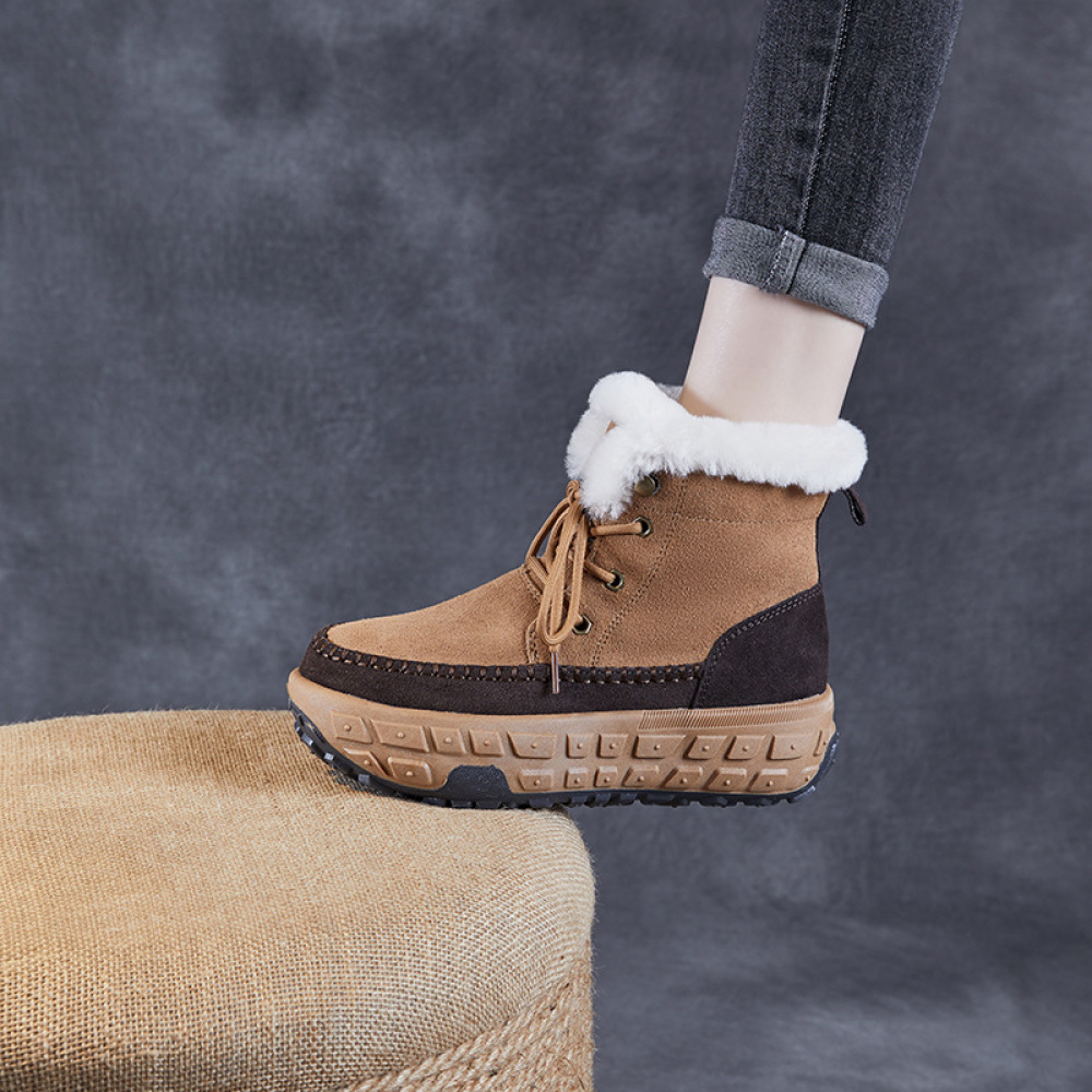 Cowhide and Wool Thick - Sole Height - increasing Anti - slip Snow Boots