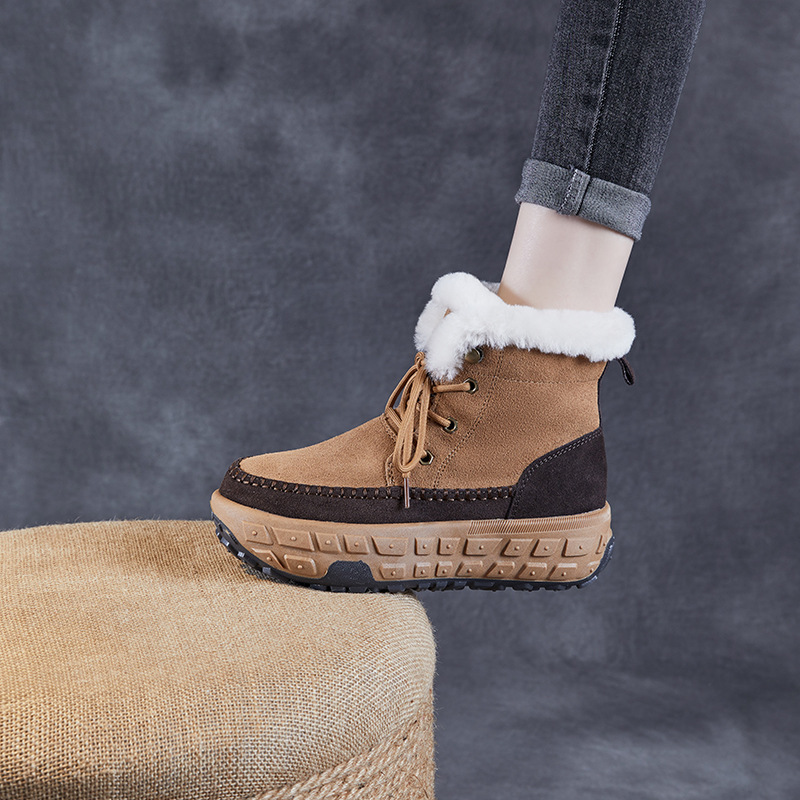Cowhide and Wool Thick - Sole Height - increasing Anti - slip Snow Boots