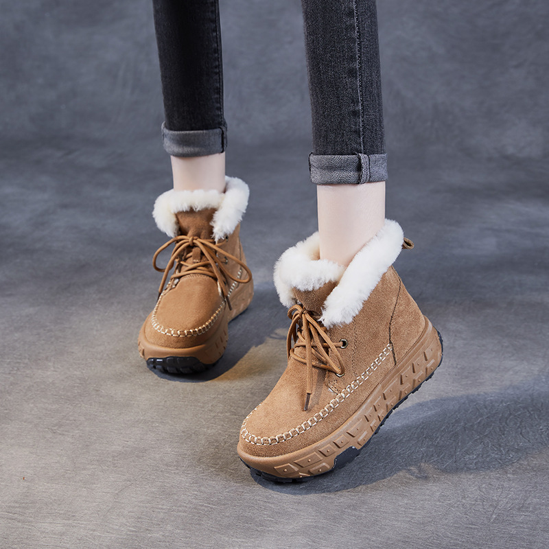 Cowhide and Wool Thick - Sole Height - increasing Anti - slip Snow Boots