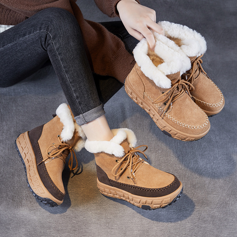 Cowhide and Wool Thick - Sole Height - increasing Anti - slip Snow Boots