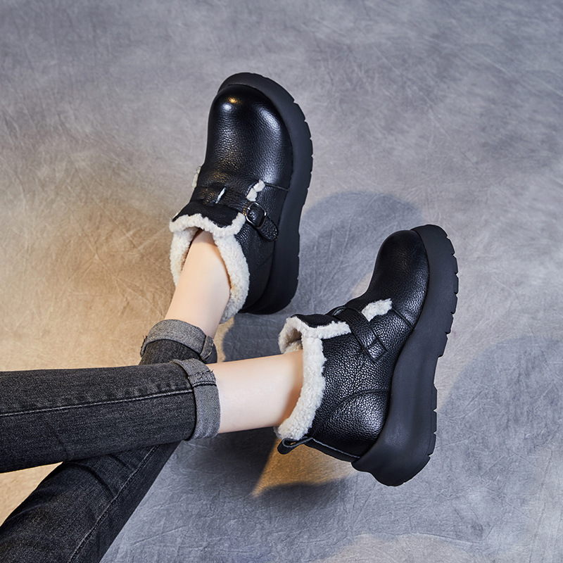 Lamb Fleece - Thickened Genuine Leather Flat - Sole Snow Boots