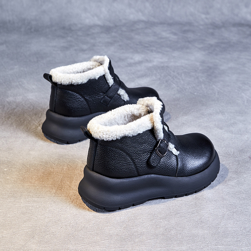 Lamb Fleece - Thickened Genuine Leather Flat - Sole Snow Boots