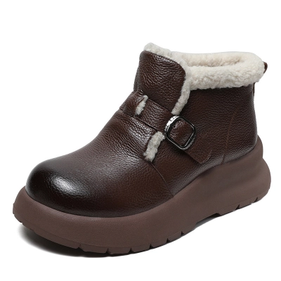 Lamb Fleece - Thickened Genuine Leather Flat - Sole Snow Boots 02