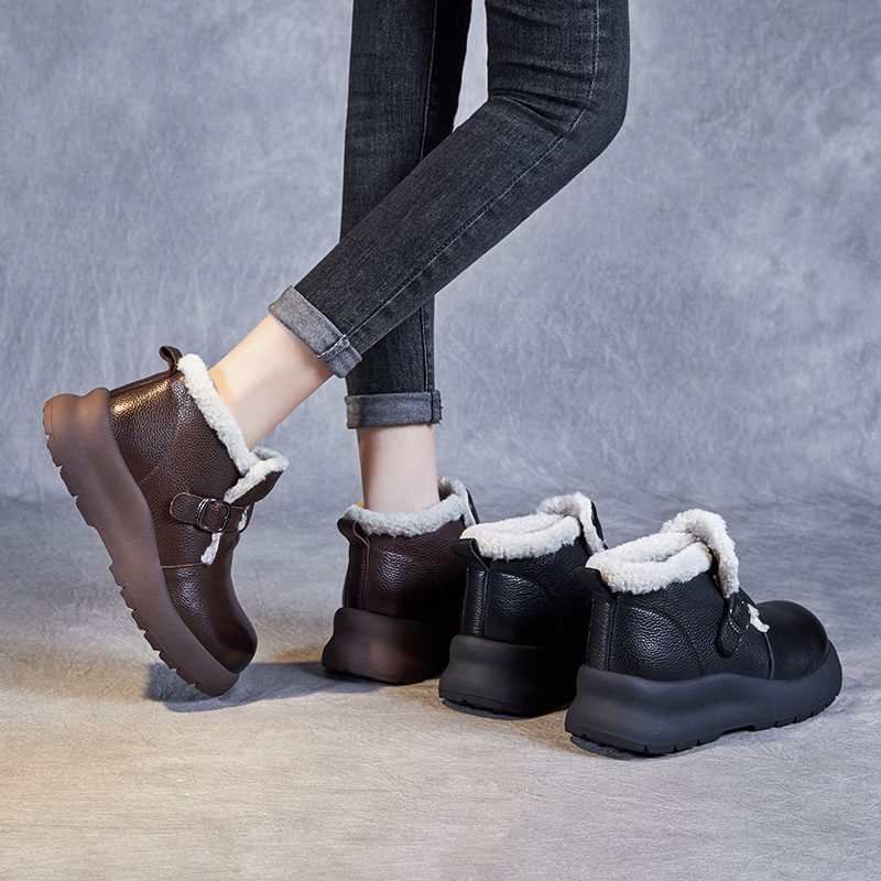 Lamb Fleece - Thickened Genuine Leather Flat - Sole Snow Boots