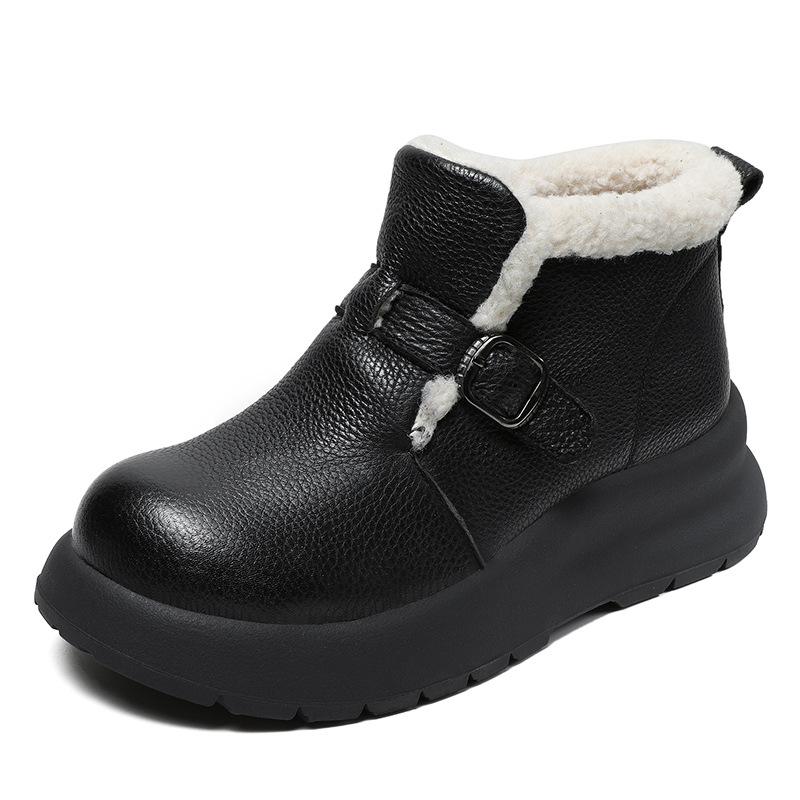 Lamb Fleece - Thickened Genuine Leather Flat - Sole Snow Boots