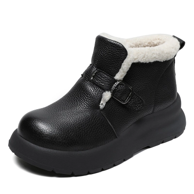 Lamb Fleece - Thickened Genuine Leather Flat - Sole Snow Boots 01