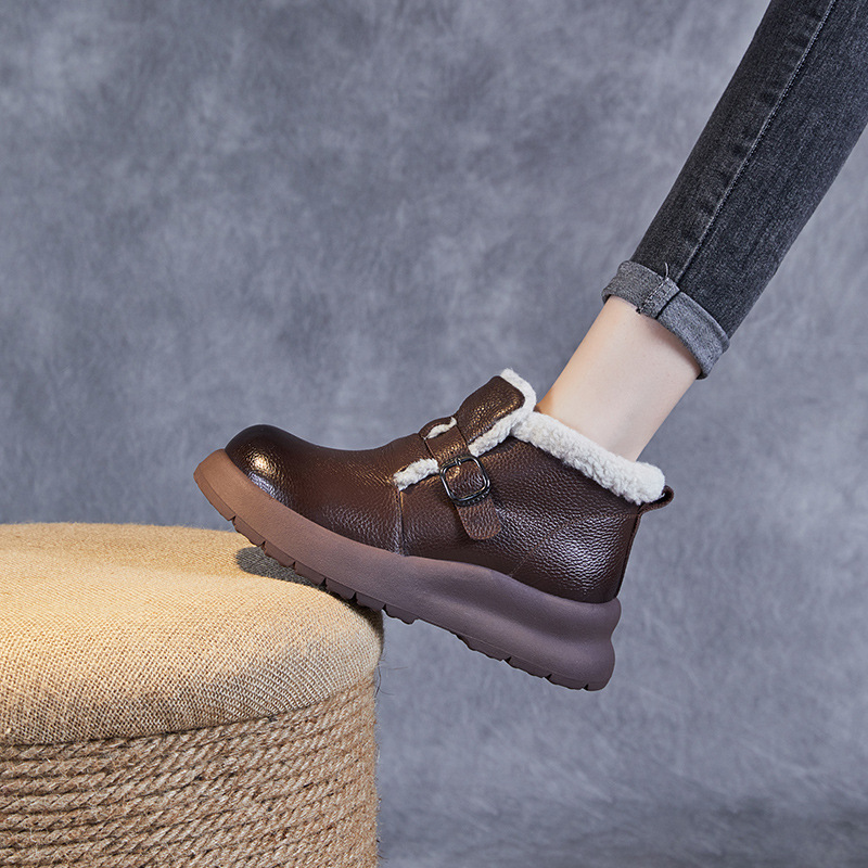 Lamb Fleece - Thickened Genuine Leather Flat - Sole Snow Boots