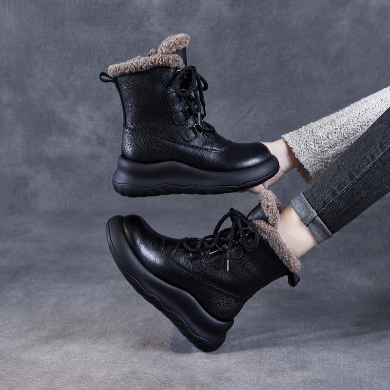 Thick - Sole Cowhide Lined and Thickened Anti - slip Mid - Calf Snow Boots