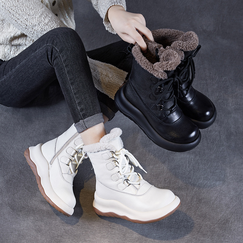 Thick - Sole Cowhide Lined and Thickened Anti - slip Mid - Calf Snow Boots