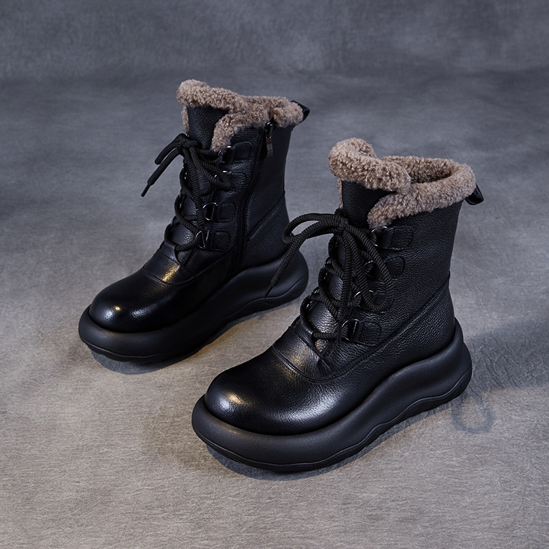 Thick - Sole Cowhide Lined and Thickened Anti - slip Mid - Calf Snow Boots