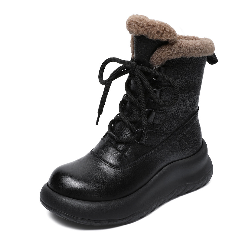 Thick - Sole Cowhide Lined and Thickened Anti - slip Mid - Calf Snow Boots