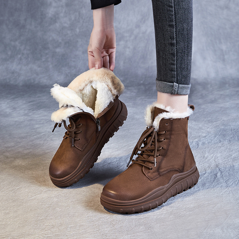 Vintage British - Style Genuine Leather Wool Snow Boots