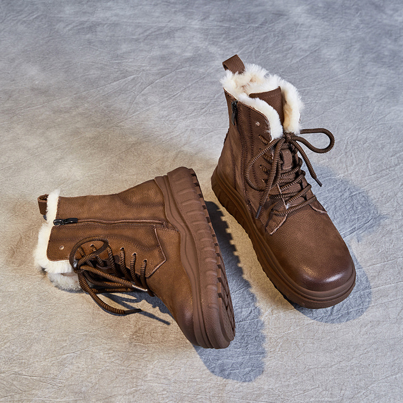 Vintage British - Style Genuine Leather Wool Snow Boots