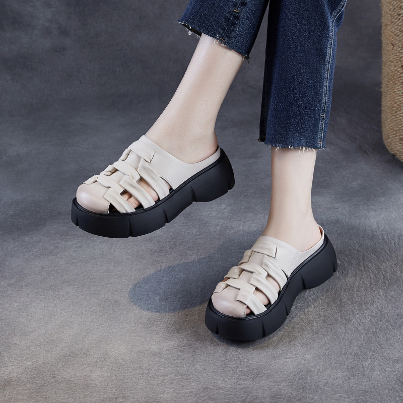 Genuine Cowhide Woven Ethnic - style Wedge Sandals