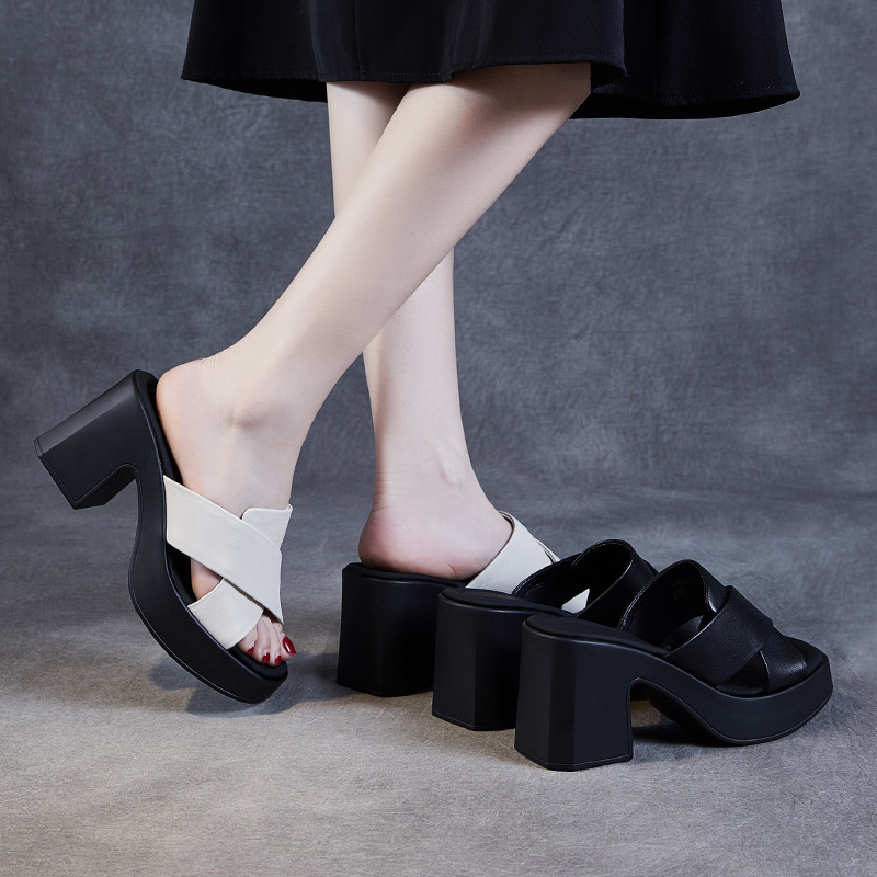 Summer Retro Chunky - Heel Genuine Leather Slide Sandals