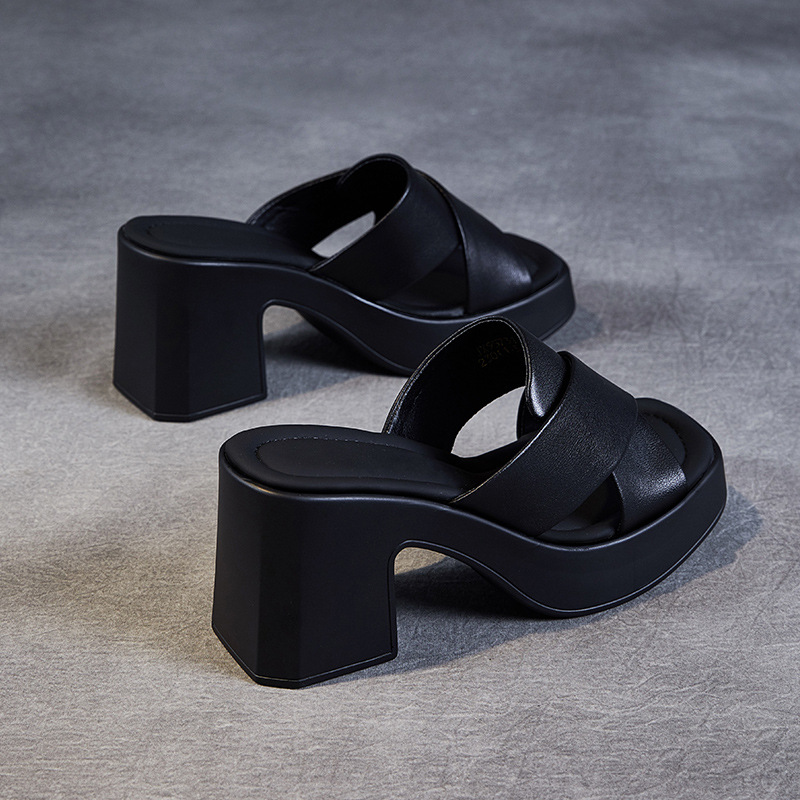 Summer Retro Chunky - Heel Genuine Leather Slide Sandals