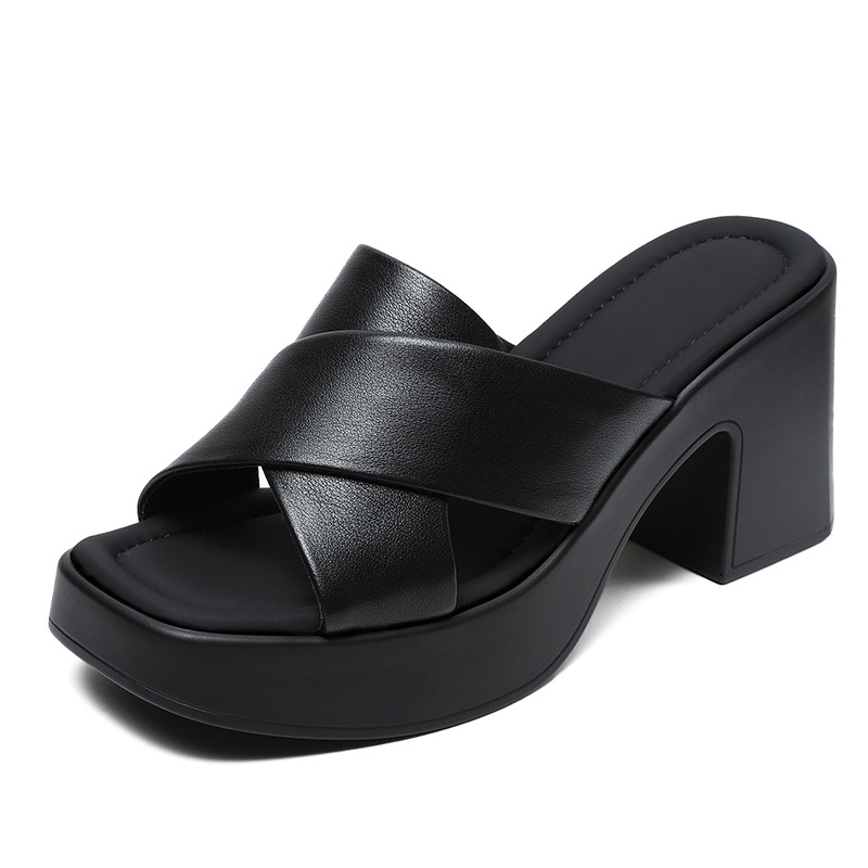 Summer Retro Chunky - Heel Genuine Leather Slide Sandals