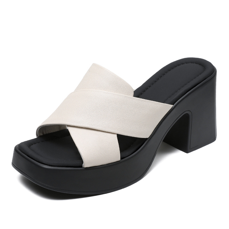 Summer Retro Chunky - Heel Genuine Leather Slide Sandals